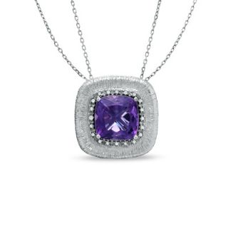 Cushion Cut Amethyst and 1/10 CT. T.W. Diamond Frame Necklace in 