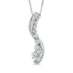 CT. T.W. Journey Round and Baguette Diamond Ribbon Pendant in 10K 