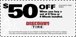 50 Off when you buy a set of 4 Tires or 4 Wheels installed. You must 