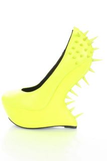 Neon Yellow Faux Leather Spike Studded Curved Wedges @ Amiclubwear 