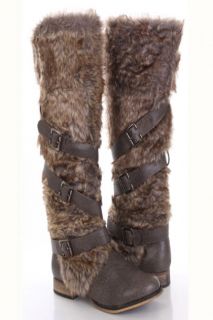 Grey Faux Leather Fur Knee High Boots @ Amiclubwear Boots Catalog 