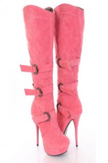 Coral Faux Suede Buckle Strapped AMIclubwear Boots @ Amiclubwear Boots 