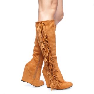 Sleek Chic Suede Fringe Covered Wedge Heel Knee High Boots Whisky Fab 
