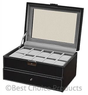 watch box large 20 mens black leather display glass top