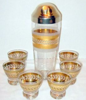  Mid Century Glass Cocktail Shaker with 6 Martini Glasses Mad Men Era