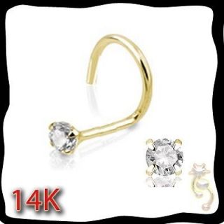 14K Yellow Gold 20g Nose Ring Stud Screw Clear CZ