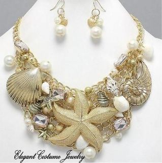 Gold Sea Shell Starfish Pearl chunky Necklace Set Elegant Costume 