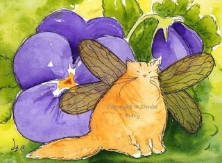   Tabby Maine Coon Kitty Fairy Purple Pansies Fantasy Cat Art ACEO Print