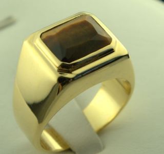Tigers Eye rectangle MENS Ring 18k gold overlay 11