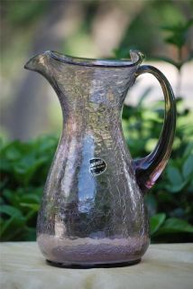 VTG OLIVE GREEN&CLEAR SMALL CRACKLE ART GLASS PITCHER W/APPLIED RIBBED 