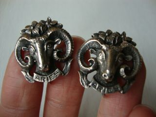 Vintage Cini sterling silver rams head Aries Zodiac clip earrings 