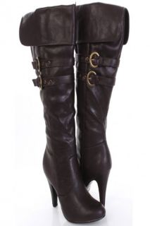 Brown Faux Leather Buckle Strapped Mid Calf Heel Boots @ Amiclubwear 