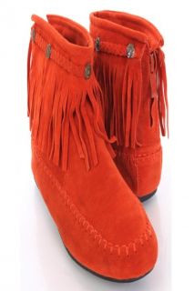 Orange Faux Suede Fringe Trim Moccasin Style Booties