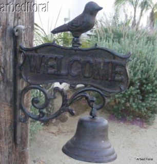 Cast Iron Dinner Bell WELCOME BIRD Wall Mounted Rustic Tuscan Scroll 