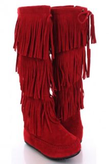 Red Faux Suede Fringe Tiered Mid Calf Moccasin Boots @ Amiclubwear 