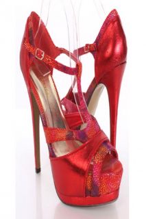 Home / Red Metallic Faux Leather Print Texture T Strap Platform 