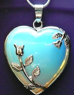  Silver Genuine White Fire Opal Rose Heart Garden Pendant Necklace