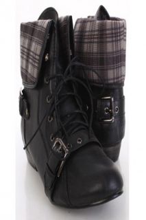 Home / Black Faux Leather Lace Up Tie Buckle Fold Over Ankle Boots