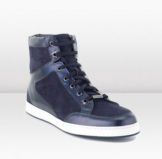 Jimmy Choo  Tokyo  Navy Suede With Mirror Leather High Top Trainers 