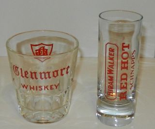 GLENMORE WHISKEY & HIRAM WALKER RED HOT SCHNAPPS GLASS vintage shot