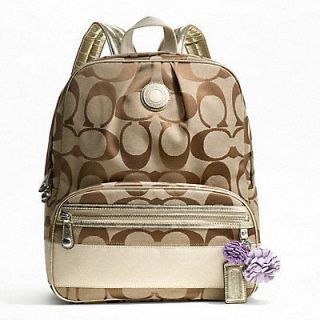 COACH F19451 Coach Signature Stripe Backpack $298 NWT Khaki Gold Coach 