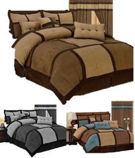   New Modern Micro Suede Comforter Set Patchwork Brown Gray Purple Blue