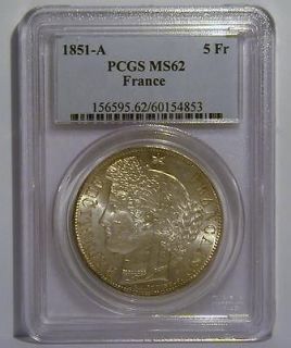 FRANCE 5 FRANCS 1851 A FRENCH SILVER CROWN PCGS MS62