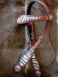   WESTERN LEATHER HEADSTALL ZEBRA HAIR ON TACK BARREL SHOW RODEO HS36