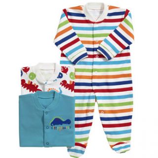 This set has one sleepsuit with an all over print, one striped and one 