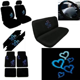 15pc Set TRUCK Seat Wheel Belt Head Pad Cover Blue Love Heart + Black 