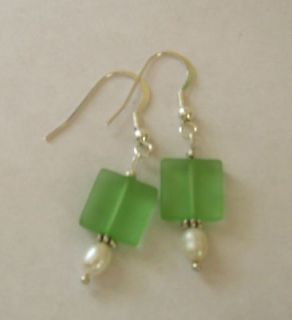 Green Sea Glass, Sterling Silver Earrings and Pearls. Soft Glow in 