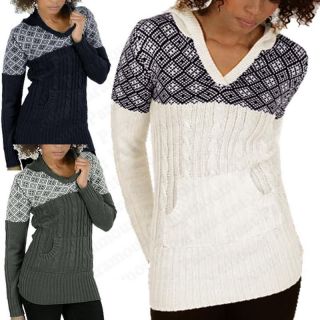 Hooded Cable Knitted Womens Fair Isle Winter Jumper Tunic Sweater Top 