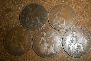England copper Pennys Georgivs V 1920, 1921 1927,1928,1929