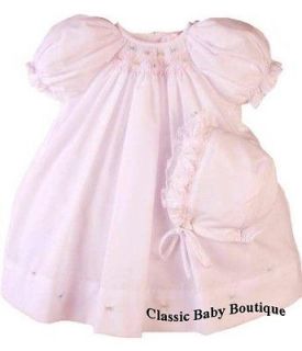 NWT Petit Ami Pink Multi Smocked Bishop Baby Dress Daygown & Bonnet 