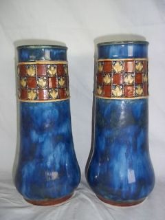 Pair Royal Doulton Stoneware Glazed Blue Vases c1915