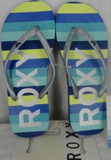 NWT Roxy Flip Flop Sandal Blue with Multi Color Stripes Logo Stripe 6 