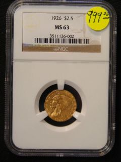 1926 P $2.5 Dollar NGC MS63 Gold Indian Head US Coin Quarter 1/4 Eagle