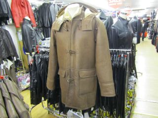   Mens Leather Brown Duffle Sheepskin Jacket Coat Long Hood Fur Coats