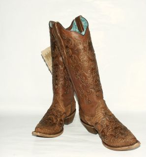 Brown Lizard Western Boots with Goat Leather Fancy Overlay Corral 