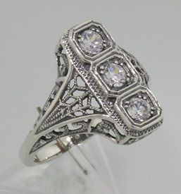 Antique Style CZ Filigree Ring   Sterling Silver Size 8