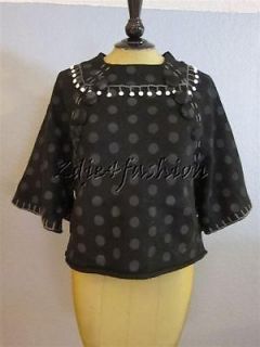 New FREELANCE Black Gray Cream Polka Dot Button Knit Poncho Sweater 