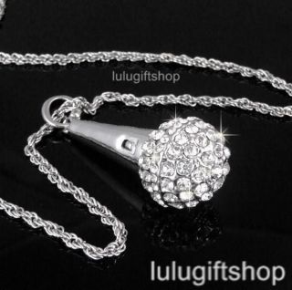 WHITE GOLD PLATED MICROPHONE PENDANT NECKLACE USE SWAROVSKI CRYSTALS 