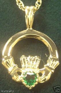   Gold Emerald Claddagh Pendant Necklace Irish Made celtic green chain v