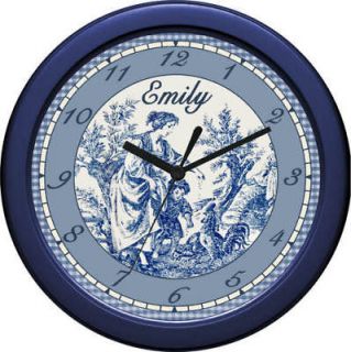   blue country toile gingham wall clock 