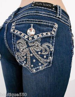LA Idol Plus Bootccut Jeans Crystal Fleur De Lis Bold Stitching 