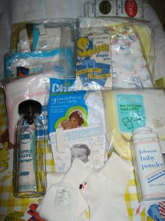 VINTAGE LOT OF BABY ITEMS. LAYETTE ITEMS MOST STILL IN PACKAGES HARD 