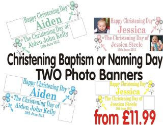 TWO Personalised Christening Baptism Banners 48x12 60x12 with photos 
