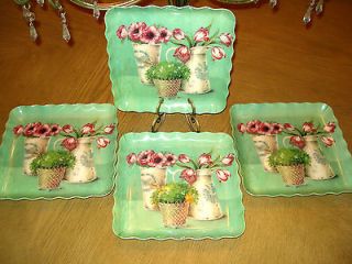 12 Pc Set Square Melamine Plastic Plate Serving Dish Green Flowers 8.5 