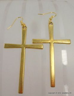 Cross Earrings Large Gold tone Simple Vintage style religious 