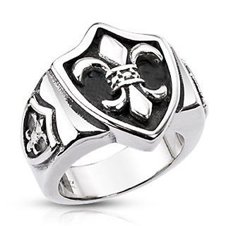 Stainless Steel Large Mens Fleur De Lis Triple Shield Ring Size 9 13